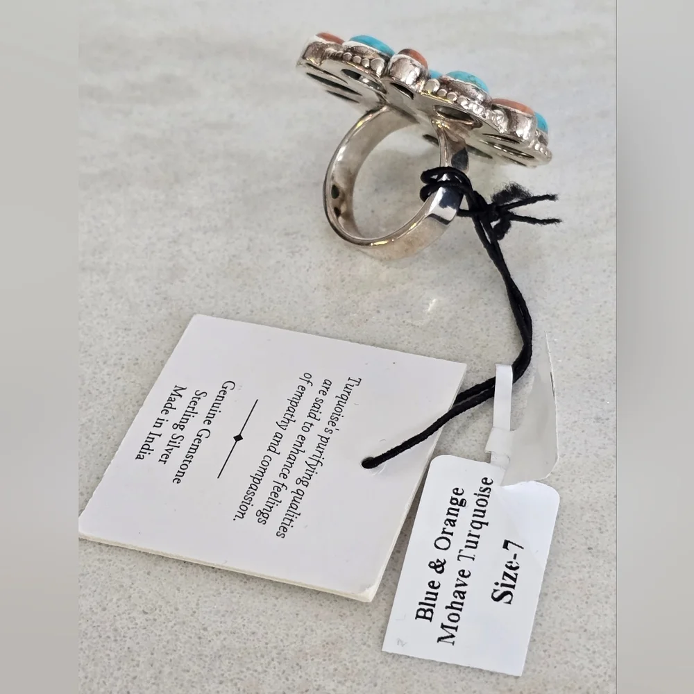Large Sterling Silver Mohave Blue & Orange Turquoise Cluster Floral Ring 7 NWT